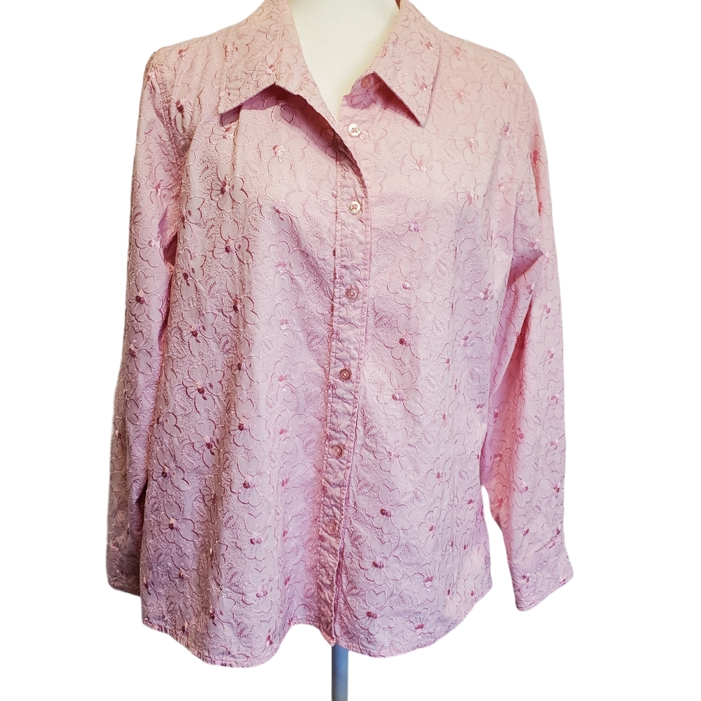 Denim & Co Shacket Blouse Women‎ Xlarge Button Down Embroidered Pale Pink XL